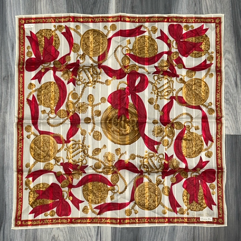 Vintage Christian Dior Gold Chain Red Ribbon Cotton Handkerchief Scarf - Picture 2 of 12
